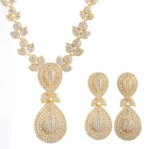 CWWZIRCONS 2st Gold Plated Jewellery for Women Luxury Evening Party Full Cubic Zirconia Dangle Drop Earrings Halsband Set T0508 240220