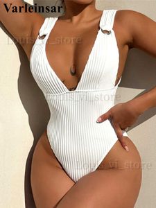 Kvinnors badkläder 4 färger Sexig Deep V Neck Ribbed One Piece Swimsuit Women Swime Weame Monokini High Leg Cut Bather Bathing Swim V4818 T240227