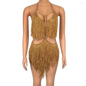 Stage Wear Sexy Gold Fringes Costume Outfit Tassel Dress Evening Birthday Party Dance Nightclub Singer Performance Club