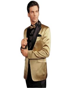 Shiny Gold Satin Jacket With Black Peak Lapel Groom Tuxedos Man Blazer Wedding Business Clothing Prom Dress Suits JacketPantsGi5173830