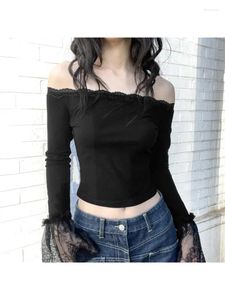 T-shirt da donna 2024 Scuro con spalle scoperte Mall T-shirt basic gotica Y2k Patchwork in pizzo Manica svasata Crop Top Donna Aderente Ruffles