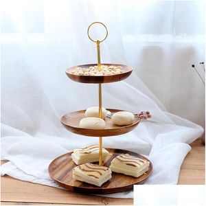 Pratos Pratos 3-Tier Bandeja Redonda Servindo Prato Madeira Lanche Deseert Teaboard Chá Natural Servidor Bebida Prato Entrega Home Gard Dhvgh