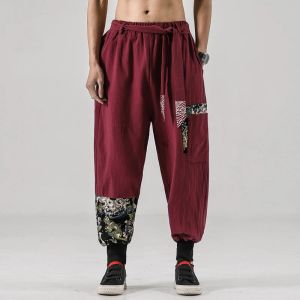 Calça calça quimono masculino linho de algodão japonês figurino samurai ukiyoe riacho de estampa de harém de harém haori folga harajuku hip hop calças plus size