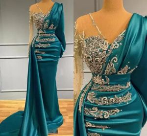 Luksusowe długie rękawowe sukienki wieczorne Formalne okazje nosić złote aplikacje koraliki Łowca Sheer Szyja Arabska szata de soriee