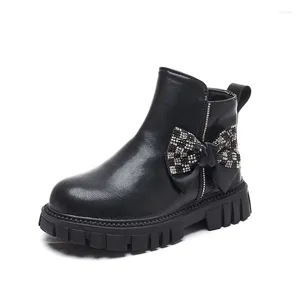 Boots England Style All-Match Black Children Shoes Girls Ankel Fashion Autumn Plaid Butterfly-Knot för barn F07263