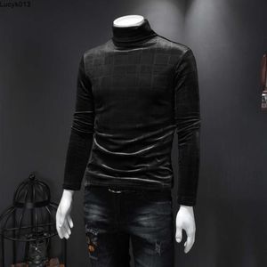 Winter New Korean Version Mens Tops Velvet Long-sleeved T-shirts Plaid Print Double-layer Thickened Turtleneck Casual Bottoming Shirts Fashion Large Size