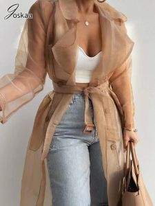Trenche Jokaa Solid Organza See Through Lapel Full Sleeve Trench 2023 Summer Women Fashion Knapped Coat With Belt Elegant Shirts