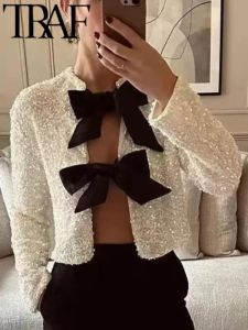 Jackets TRAF FANS 2023 Autumn Women Fashion Sequin O Neck Double Bow LaceUp Coat Sets Casual Slim Female High Waisted Pant Suits Y2k