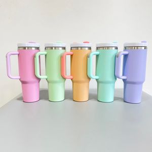 Caneca de café de viagem isolada a vácuo, copo de aço inoxidável de parede dupla H2.0, macaron fosco de sublimação em branco, copo de 40 onças com alça e canudo, vendido por caixa