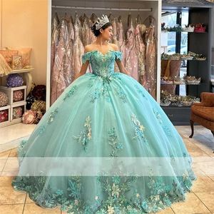 Nuovo Design Flowers Princess Quinceanera Abiti con prua Off Appliques in pizzo spalla perline Crystal Vestidos de 15 Anos Prom