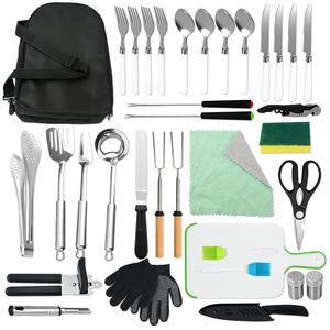 Portable Camping Kitchen Utensil,Outdoor Barbecue Tool Set-34 Piece Cookware Kit,Stainless Steel Cooking and Grilling Utensil,Perfect for Travel, Picnics, RVs,