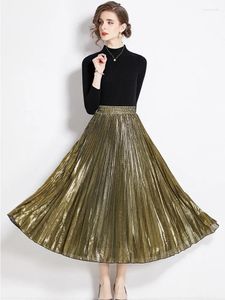 Work Dresses Vintage Two Pieces Outfits Women Black Knitted Sweater Top Golden Pleated A Line Elastic Draped Maxi Skirt Sets