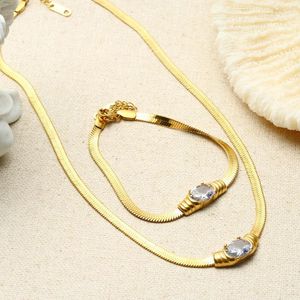 Necklace Earrings Set Stainless Steel Bracelet Jewelry For Women Gold Color Snake Chain White Green Big CZ Cubic Zircon Stone