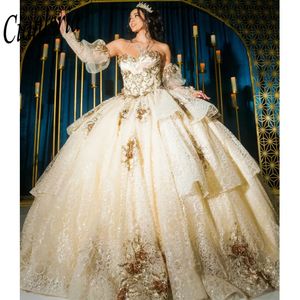 Champagne quinceanera klänningar prinsessa söta 15 år flicka födelsedagsfestklänningar med applikationer vestidos de quinceanera