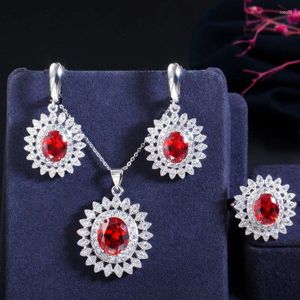Necklace Earrings Set ThreeGraces Fashion Red Cubic Zirconia Silver Color Flower Shape Dangle And Ring For Women JS641