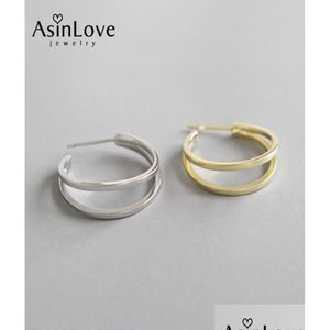 Hoop Huggie Asinlove 100 925 Sterling Sier Double Layers Line Circle örhängen för kvinnor Big Loop Earring Ladies Trendy Fine Jewelr Dhznc