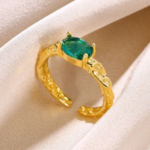 Fashion Green Zircon Elliptical Lava Open 14k Yellow Gold Rings For Women Geometric Open Rings Daily accessories Gifts anillo hombre