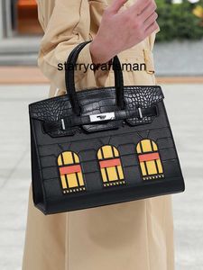 Genuine Leather Handbag l 2024 New Palm Pattern Head Layer with Crocodile Cowhide Colored Small House Bag Handheld Crossbody Womens