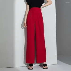 Women's Pants 2024 Summer Red High Waist Wide Legged Women Fashion Semi Elastic Band Loose Straight S To 4XL Oversize Trousers