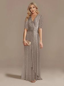 Lucyinlove lyxig golvlängd Vneck aftonklänning 2024 Kvinnor Elegant Party Maxi Sequin Kort ärmar Prom Cocktail 240220