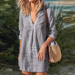 Casual Dresses Summer Women Elegant Long Sleeve Beach Dress Solid V-Neck Female Loose Cotton Linen Pullover 2024