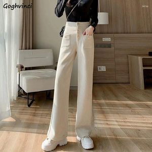 Calças femininas para mulheres elegantes de cintura alta na moda botão outono design quente estilo coreano calças soltas all-match senhoras