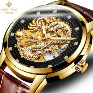 Uhren Doit Automatische mechanische Herrenuhren im chinesischen Stil, herrschsüchtig, großes Zifferblatt, Stahlgürtel, Leder, fliegender Drache, goldene Uhr