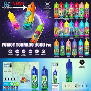 100% Original RandM Fumot Tornado 9000 Pro 52 Sabores 9K Puffs Vape Descartável 18ml 0,8ohm Malha Bobina Bateria Recarregável 0/2/5 E Cigarros RGB Light Bateria Oil Display