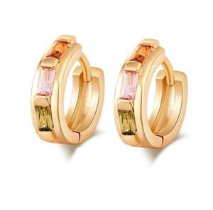 Hoop Huggie Fashion Pave Square Colorful Zirconia örhängen Real Yellow Gold Filled Charm Lady039s Earrings12464539