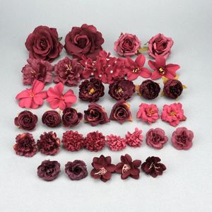 Decorative Flowers 35Pcs Burgundy Artificial Silk Flower Head In Bulk Material Pack For DIY Garland Hairclip Scrapbook Accesories