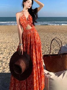 Casual Dresses Orange Flower Elegant Women's Halter Bandage Long 2024 Summer Hollow Out Sexy Print Club V-neck Dress Holiday Lady Robe