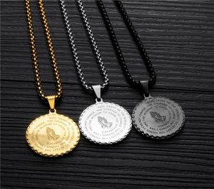 Hand Coin Medal Pendant Necklace Bible Verse Prayer Necklace For Women Men Titanium Steel Gold Silver Chain Couple Jewelry kolye F9984831