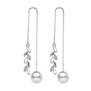 Gracieful Silver Valentines Gift Drop Luxury Earrings Leaf Wedding Engagement Simulated Pearl Tassel Korean Fashion Jewelry Gifts6295328
