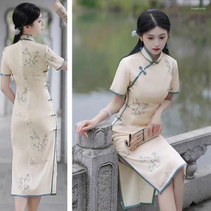 Roupas étnicas Primavera Manga Curta Chiffon Qipao Mandarim Collar Mid-Length Mulheres Chinesas Cheongsam Elegante Vestido Diário