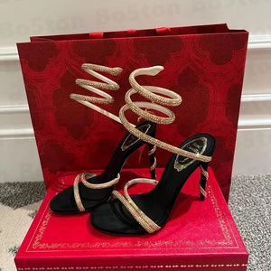 Rene Caovilla High Heel for Women Dress Shoes Designer Crystals Impellished Rimelsed Rhinestone Heel Luxury Womens Sandals 발목 랩 어라운드 뱀 Stiletto 9.5cm EUR 34-43