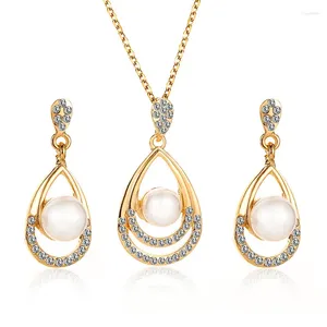 Necklace Earrings Set Charm Pearl Waterdrop Pendant Fashion Drop Gold Silver Color Chain Wedding Women Accessories