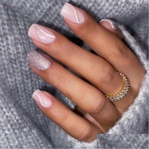 False Nails 24st kort kista med SLIVER GLITTER PESKINS FAKTA NAIL FÖR MANICURE TOOL Naken Pink Artificial Tips Drop Delivery DHJTS