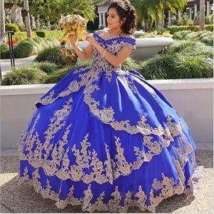 Abiti stile Quinceanera con applicazioni in oro blu royal, abito da ballo gonfio con spalle scoperte per le donne, allacciatura, dolce 16 ragazze del ballo di fine anno