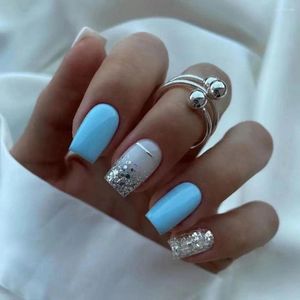 Falska naglar 24st manikyrgradient rosa falska nialar diy blå silver glitter långa fyrkant franska franska