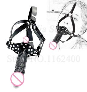 DoubleEnded Dildo Gag Strap on Head Harness Mouth Plug Realistic Cock Dick Penis BDSM Adult Games Sex Toys For Women Lesbian Y0407254350