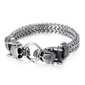 Presentes de Natal Cristais 316L fundição de aço inoxidável Figaro link Chain bracelet double Skull End bangle bracelet mens boy jóias silv266f
