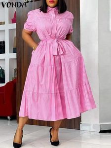 Plus size 5xl vonda moda feminina camisa vestido 2024 verão manga curta casual midi vestido de verão elegante solto listra vestidos com cinto 240219