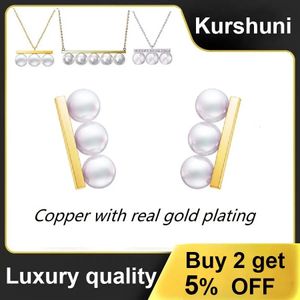 Kurshuni Balance Bar Pearls Stud örhängen Halsband för kvinnor Lyxkvalitet Märke smycken set Korea mode japanska tillbehör 240220