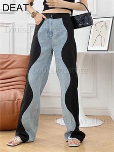 Women's Jeans DEAT Fashion Womens Jeasn New High Waist Black Blue Wave Spliced Straight Tube Wide Leg Denim Pants Tide Autumn 2024 17A2517 T240228