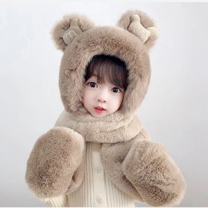 Hats Children Hat Winter Scarf Gloves 3 Pieces Set Hats Boys Girls Cute Cartoon Plush Ear Protection Scarf Children's Pullover Cap