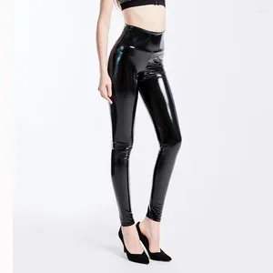 Kvinnors byxor plus storlek xxxl svarta kvinnor leggings sexig hög midja elastisk pu läder mager glänsande våt look metall latex benging