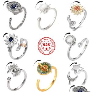 Solitaire Ring 100 925 Sterling Sier Anksiyete Döner Fidget Ayarlanabilir Döner Anti Zirkon Kadınlar için Lüks Takı Drop Deli Dhfgx