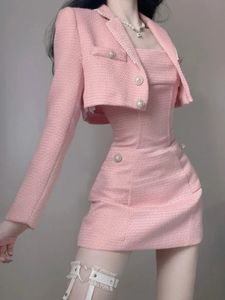 Pink Sweet Sleeveless DressCardigan Tweed 2piece Set Women Turn Down Collar Crop Jacket Korean Y2k Suit Elegant Clothing 240226