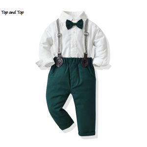 Üst ve Üstü Çocuklar Erkek Çocuklar Resmi Giyim Seti Toddler Boy Beyefendi Uzun Kollu Beyaz Gömlek+Sırıştırıcılar Pantolon Giysileri Kıyafetler