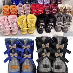 Rhinestone Double bailey bow boots designer shoes 2024 australia Bling Crystals diamond drill sheepskin Snow Boot women men suede shearling Lined Fur Booties